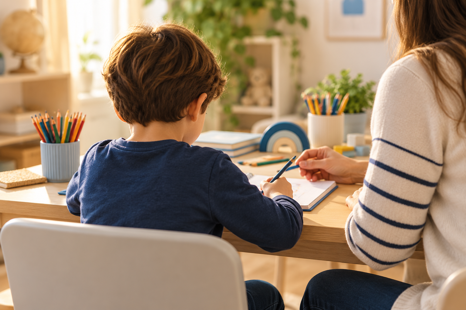 Criança e adulto em uma atividade de aprendizagem à mesa, com lápis e caderno